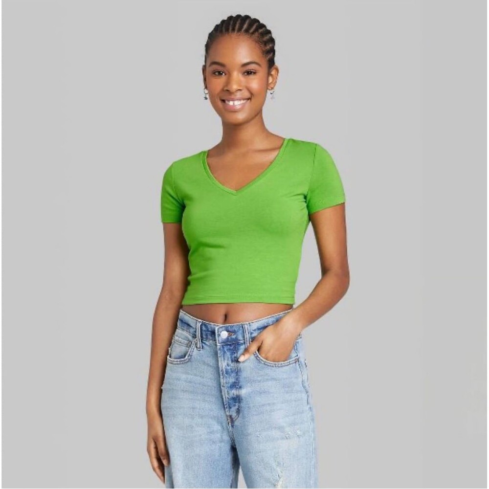 Wild Fable Women's Slim Fit Short Sleeve  Baby T-Shirt Size XXL Green